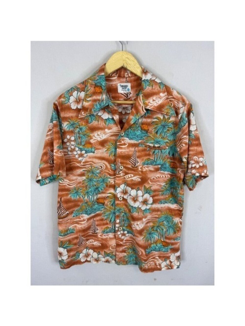 Pacific Isle Creations of Hawaii Vintage Orange Tropical Palm Hibiscus Shirt L